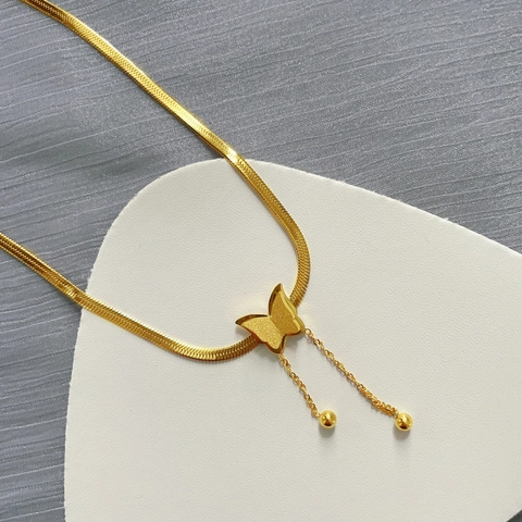 Stainless Steel Butterfly Tassel Necklace Gold Tone Flat Snake Bone Chain Minimalist Fashion Jewelry For Women