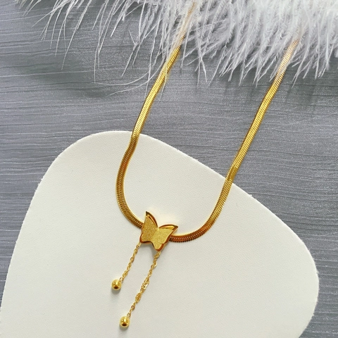 Stainless Steel Butterfly Tassel Necklace Gold Tone Flat Snake Bone Chain Minimalist Fashion Jewelry For Women
