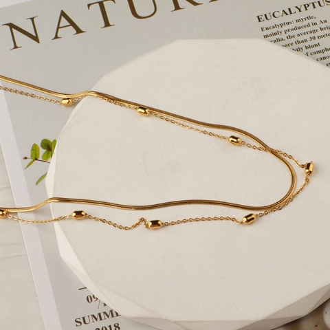 Double Layer Necklace Stainless Steel Snake Chain With Gold Beads Minimalist Versatile Jewelry For Women