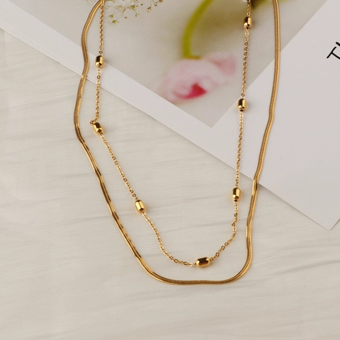 Double Layer Necklace Stainless Steel Snake Chain With Gold Beads Minimalist Versatile Jewelry For Women