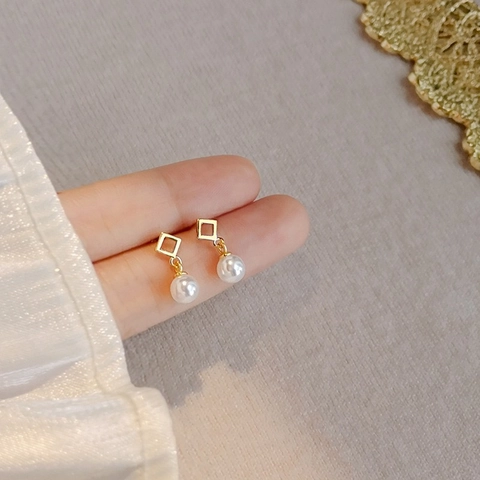 Geometric Diamond Pearl Stud Earrings Stainless Steel Light Luxury Minimalist Jewelry For Women Small Exquisite Earrings Gift