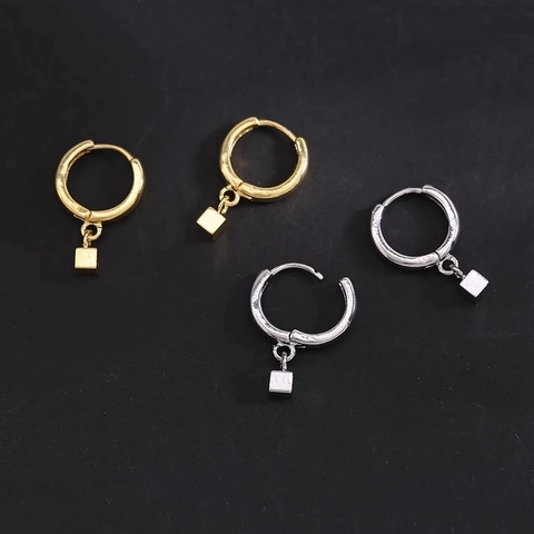 Minimalist Titanium Steel Hoop Earrings With Geometric Cube Pendant Small Trendy Jewelry For Women