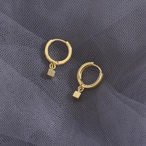 Minimalist Titanium Steel Hoop Earrings With Geometric Cube Pendant Small Trendy Jewelry For Women