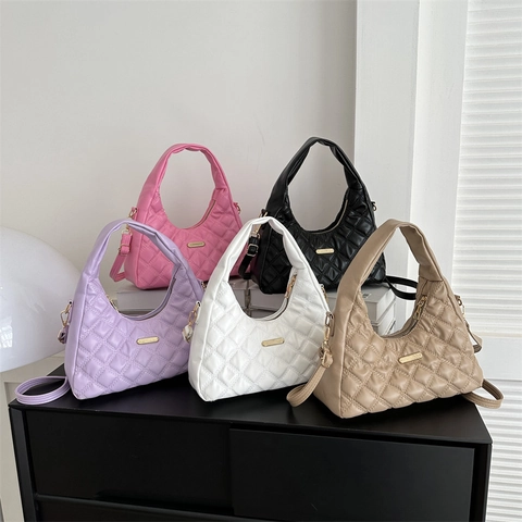 Women Fashion Quilted Rhombic PU Leather Hobo Bag Elegant Shoulder Crossbody Handbag With Detachable Strap Solid Color