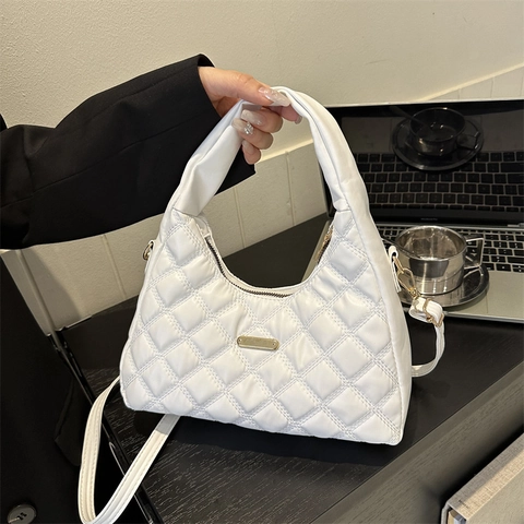 Women Fashion Quilted Rhombic PU Leather Hobo Bag Elegant Shoulder Crossbody Handbag With Detachable Strap Solid Color