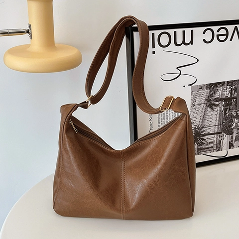 Retro PU-Leder Schultertasche Damen Große Kapazität Hobo Crossbody Handtasche Verstellbarer Gurt Alltag