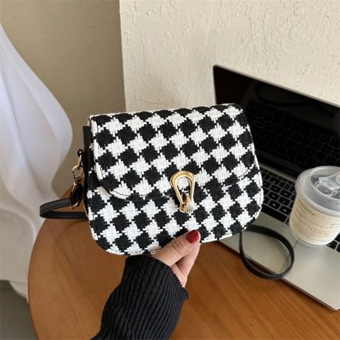 Borsa a Tracolla da Donna in Lana a Quadri Retro Pied de Poule Borsa a Sella Con Fibbia a Ferro di Cavallo Oro Inverno