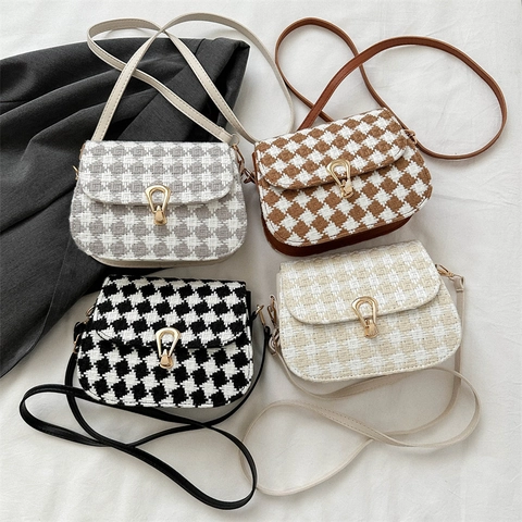 Borsa a Tracolla da Donna in Lana a Quadri Retro Pied de Poule Borsa a Sella Con Fibbia a Ferro di Cavallo Oro Inverno