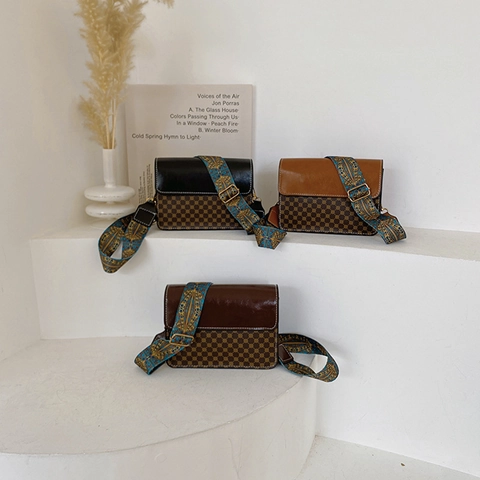 Vintage Monogram Crossbody Bag PU Leather Wide Embroidery Strap Retro Small Square Shoulder Purse For Women