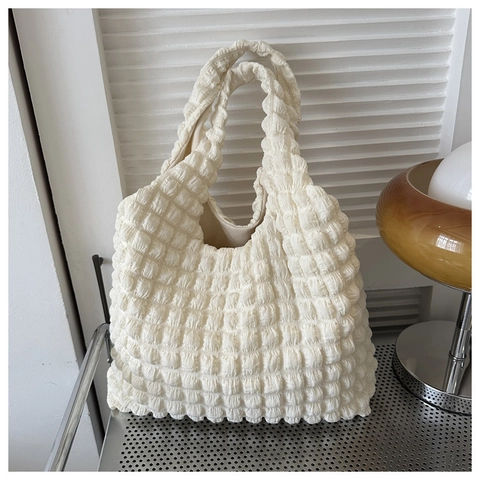 Women's Korean Popcorn Texture Shoulder Bag Lightweight Pleated Bubble Underarm Bag Sweet Large Capacity Nylon Tote Bag