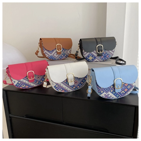 Borsa Sella Etnica Donna Pelle PU Tessuto Patchwork Motivo Geometrico Retrò Borsa A Tracolla Fibbia Dorata