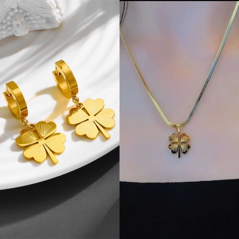 Geluksklaver Hoop Druppel Oorbellen Verguld Roestvrij Staal Radiale Textuur Minimalistische Boutique Sieraden Voor Dames
