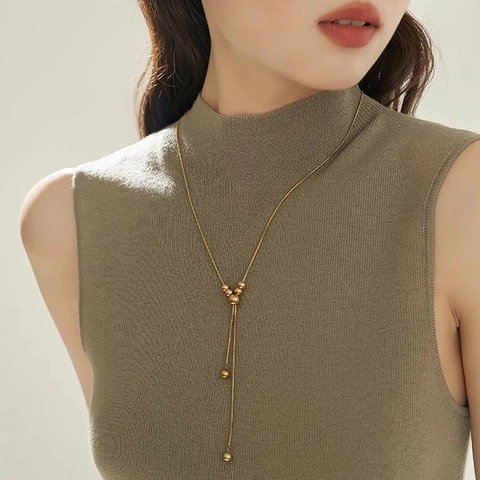 Y-Shape Tassel Necklace Titanium Steel Adjustable Pull Chain Round Beads Long Sweater Chain Minimalist Jewelry For Women