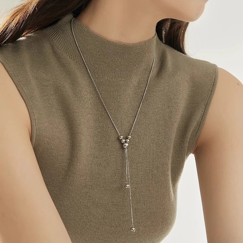 Y-Shape Tassel Necklace Titanium Steel Adjustable Pull Chain Round Beads Long Sweater Chain Minimalist Jewelry For Women