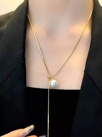 Artificial Pearl Y-Shaped Necklace Titanium Steel Adjustable Drawstring Snake Bone Chain Minimalist For Women