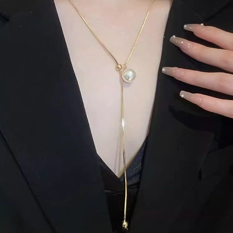Artificial Pearl Y-Shaped Necklace Titanium Steel Adjustable Drawstring Snake Bone Chain Minimalist For Women
