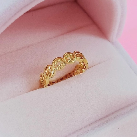 Ancient Chinese Copper Coin Ring For Women Vintage Minimalist Titanium Steel Gold Plated Hollow Out Ethnic Style Jewelry