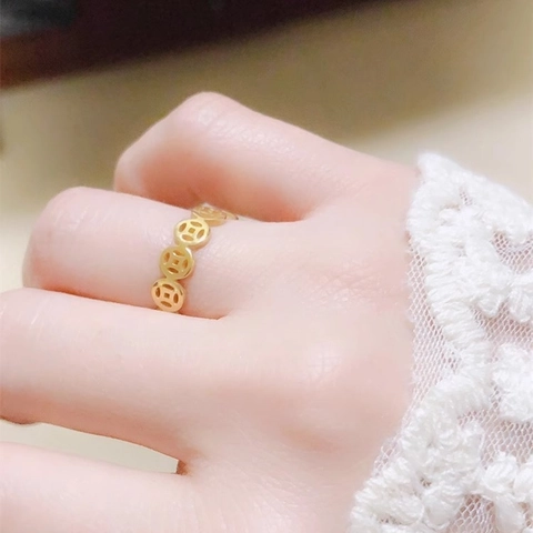 Ancient Chinese Copper Coin Ring For Women Vintage Minimalist Titanium Steel Gold Plated Hollow Out Ethnic Style Jewelry
