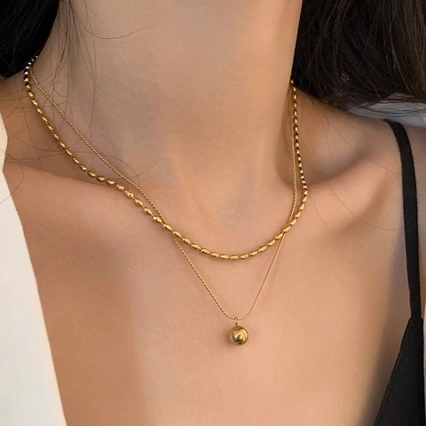 Collana A Doppio Strato In Acciaio Al Titanio Placcato Oro 18K Ciondolo A Sfera Tonda Minimalista Gioielli Eleganti Da Donna
