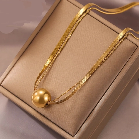 Collana A Strati In Acciaio Inossidabile Pendente A Sfera Lucida Catena A Serpente Perline Placcato Oro Lusso Minimalista