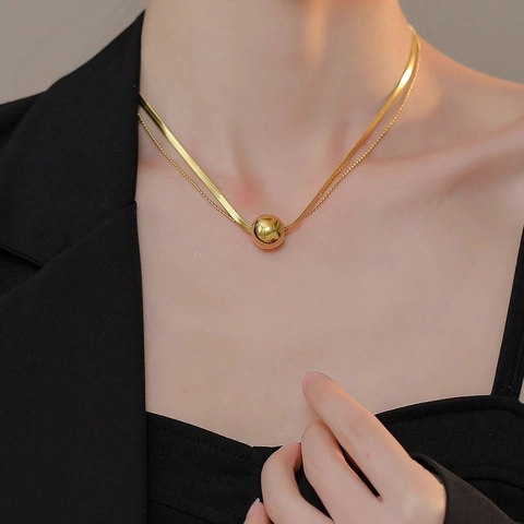 Collana A Strati In Acciaio Inossidabile Pendente A Sfera Lucida Catena A Serpente Perline Placcato Oro Lusso Minimalista