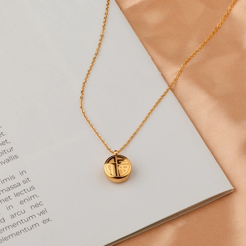 Collar De Pendiente De Disco Redondo De Doble Cara Fu Xi Acero De Titanio Chapado En Oro Joyería Minimalista Mujer