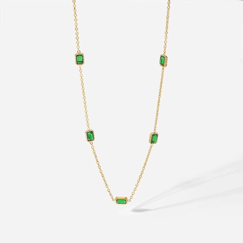 Collar Circonita Esmeralda Acero Titanio Chapado En Oro Piedra Verde Rectangular Cadena Clavícula Joyería Retro Francesa Para Mujer