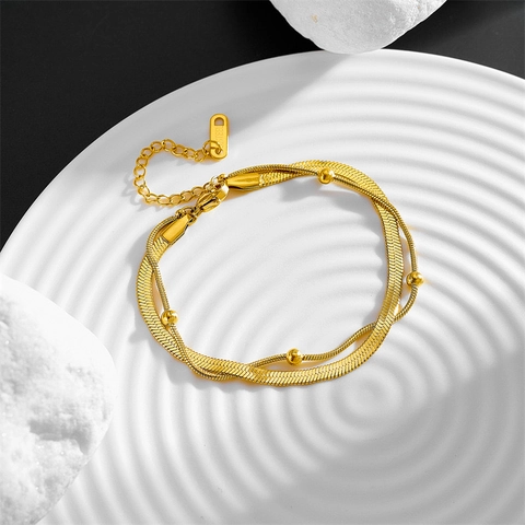 Minimalistische Doppellagige Titanstahl Fußkettchen Für Damen Luxus Goldene Schlangenkette Metallperlen Fußschmuck
