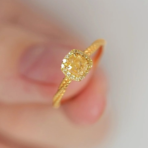 Square Yellow Zircon Ring Copper Gold Plated Halo Setting Twisted Rope Band Adjustable Open Ring For Women