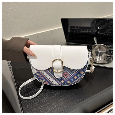 Borsa Sella Etnica Donna Pelle PU Tessuto Patchwork Motivo Geometrico Retrò Borsa A Tracolla Fibbia Dorata
