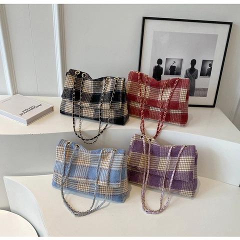 Vintage Plaid Tweed Flap Crossbody Bag For Women Elegant Checkered Shoulder Bag With Metal Chain Strap Autumn Winter Fashion Handbag