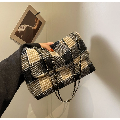 Vintage Plaid Tweed Flap Crossbody Bag For Women Elegant Checkered Shoulder Bag With Metal Chain Strap Autumn Winter Fashion Handbag