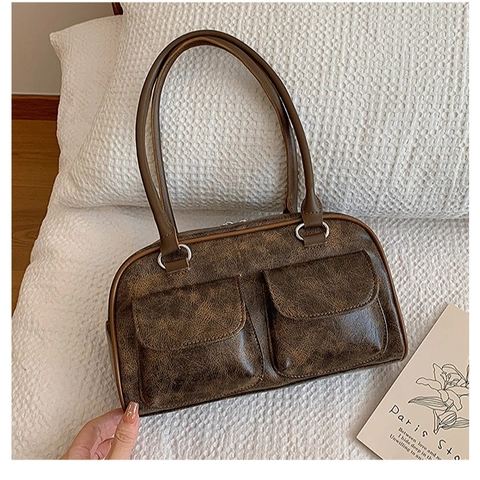 Borsa a Spalla Vintage in Pelle PU da Donna Design di Nicchia Grande Capacità Borsa Sotto Ascella Con Doppie Tasche Frontali