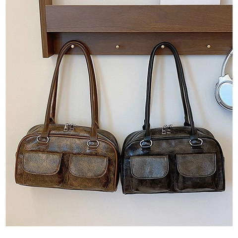 Borsa a Spalla Vintage in Pelle PU da Donna Design di Nicchia Grande Capacità Borsa Sotto Ascella Con Doppie Tasche Frontali