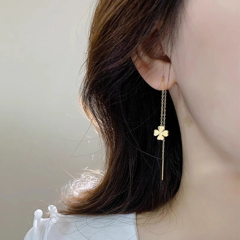 Four Leaf Clover Ear Thread Earrings Titanium Steel Long Tassel Chain Dangle Glossy Elegant Jewelry For Women