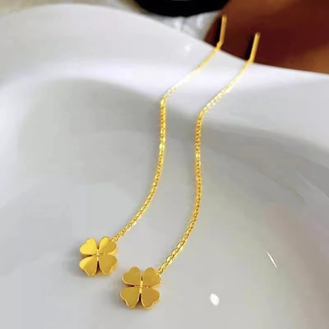 Four Leaf Clover Ear Thread Earrings Titanium Steel Long Tassel Chain Dangle Glossy Elegant Jewelry For Women