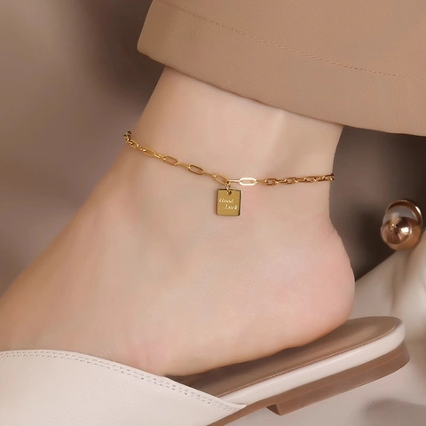 Good Luck Square Tag Anklet Titanium Steel Paperclip Link Chain Adjustable Gold Plated Jewelry For Women