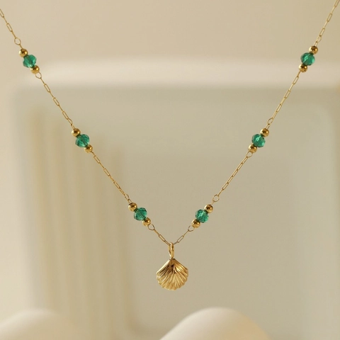 Damen Muschel Fußkettchen Titanstahl 18K Vergoldet Smaragdgrün Kristallperlen Sommer Strand Fußschmuck Elegant