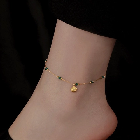 Damen Muschel Fußkettchen Titanstahl 18K Vergoldet Smaragdgrün Kristallperlen Sommer Strand Fußschmuck Elegant