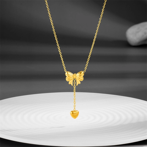 Collar Con Colgante De Lazo Y Corazón Acero De Titanio Chapado En Oro Borla Cadena De Clavícula Para Mujer