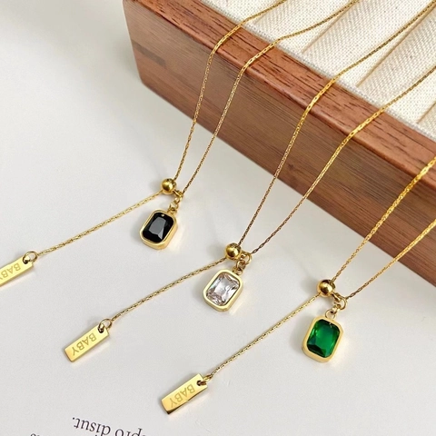 Square Crystal Pendant Necklace Stainless Steel Adjustable Drawstring Elegant Clavicle Chain Minimalist Women Jewelry