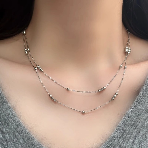 Doppellagige Perlenkette Titanstahl Minimalistisch Schick Stapelbare Kugelkette Halskette Für Damen Eleganter Schmuck