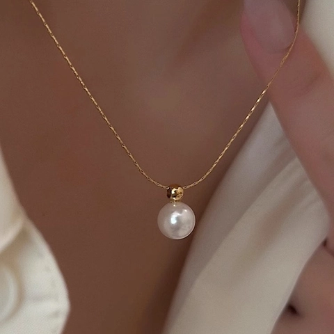 Minimalistische Künstliche Perlenanhänger Halskette Edelstahl Rund Muschelperle Elegant Koreanischer Stil Schmuck Für Damen Glanz