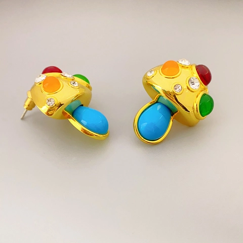 Mushroom Stud Earrings With 925 Sterling Silver Earring Post 18K Gold Plated Brass Colorful Enamel Rhinestone Jewelry