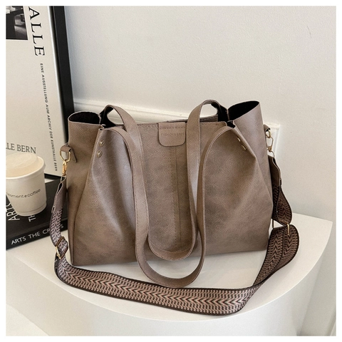 Retro Large Capacity Tote Bag PU Leather Handbag With Detachable Wide Geometric Strap For Women Daily Commute