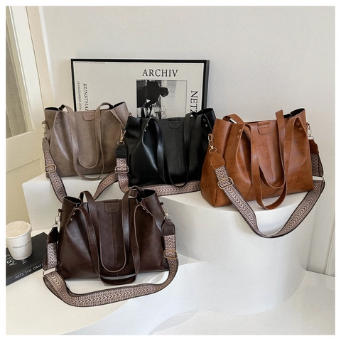 Retro Large Capacity Tote Bag PU Leather Handbag With Detachable Wide Geometric Strap For Women Daily Commute