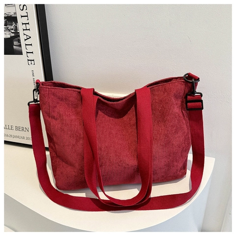 Corduroy Tote Bag Large Capacity Shoulder Handbag Retro Casual Korean Style Adjustable Strap Zip Closure For Women
