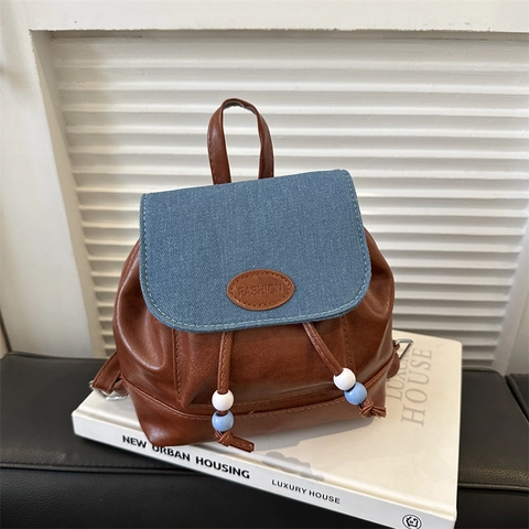Women's Vintage PU Leather Mini Backpack Contrast Color Drawstring Flap Bag With Beads Casual Waterproof Shoulder Bag