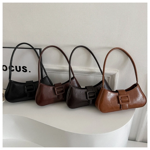 Bolso de Hombro de Axila de Cuero PU Retro Francés Hebilla Cuadrada Minimalista Color Sólido Bolso de Mano Baguette Mujer Moda