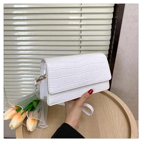 Sac à Épaule pour Femmes Mode Motif Crocodile en Cuir PU Rétro Rectangulaire à Rabat Sac Sous le Bras Bandoulière Couleur Unie